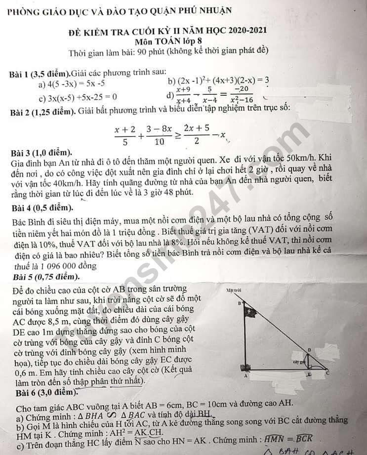 Đề thi học kì 2 lớp 8 môn Toán Mới nhất