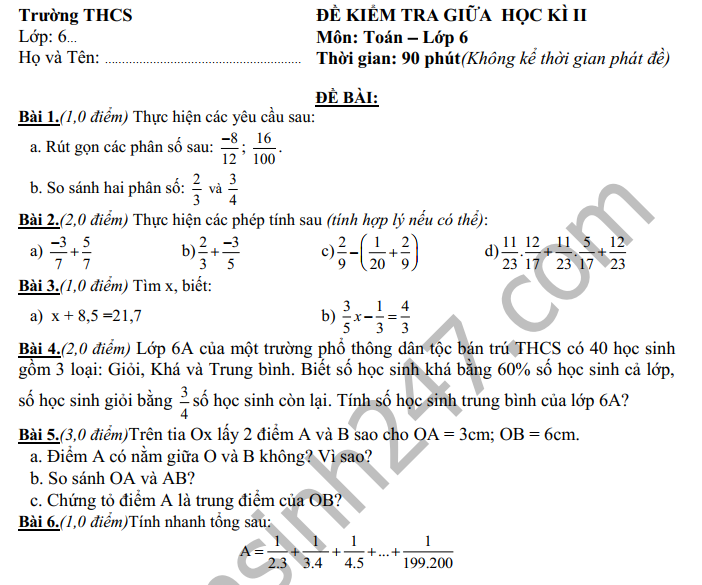 Đề thi giữa kì 2 lớp 6 môn Toán