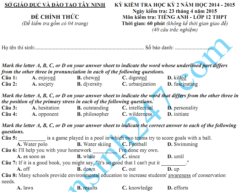 Đề thi học kì 2 lớp 12 môn Tiếng Anh năm 2015 - Sở GD Tây Ninh