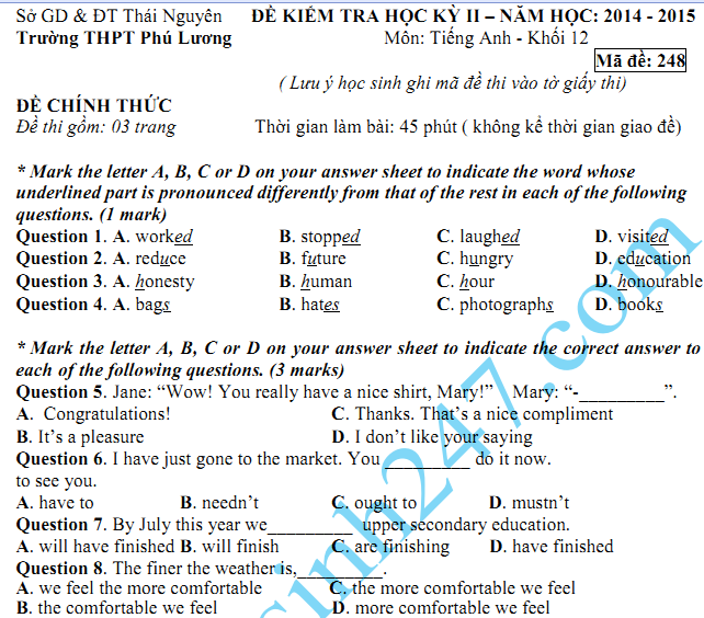 Đề thi học kì 2 lớp 12 năm 2015 môn Tiếng Anh- THPT Phú Lương