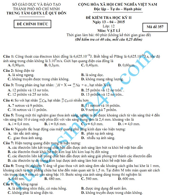 Đề thi học kì 2 lớp 12 năm 2015 môn Lý - GDTX Lê Quý Đôn