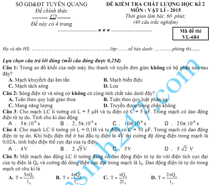 Đề thi học kì 2 lớp 12 môn Lý năm 2015 - Sở GD Tuyên Quang