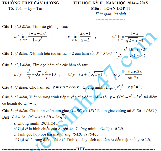 Đề thi học kì 2 lớp 11 năm 2015 môn Toán - THPT Cây Dương