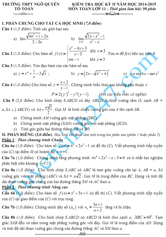 Đề thi học kì 2 lớp 11 môn Toán năm 2015 - THPT Ngô Quyền