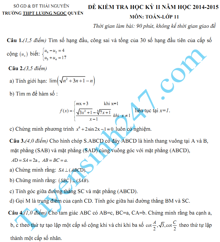 Đề thi học kì 2 lớp 11 năm 2015 môn Toán - THPT Lương Ngọc Quyên