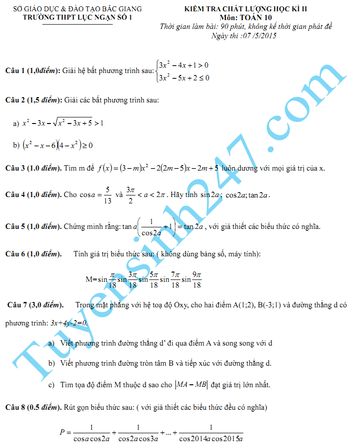 Đề thi học kì 2 lớp 10 năm 2015 môn Toán - THPT Lục Ngạn Số 1