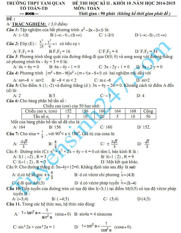 Đề thi học kì 2 lớp 10 năm 2015 môn Toán - THPT Tam Quan