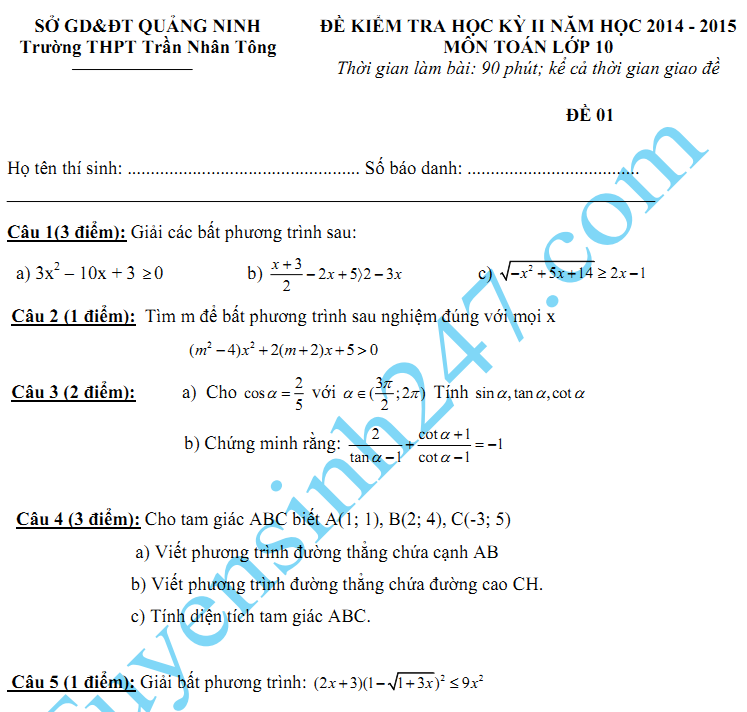 Đề thi học kì 2 lớp 10 môn Toán năm 2015 - THPT Trần Nhân Tông