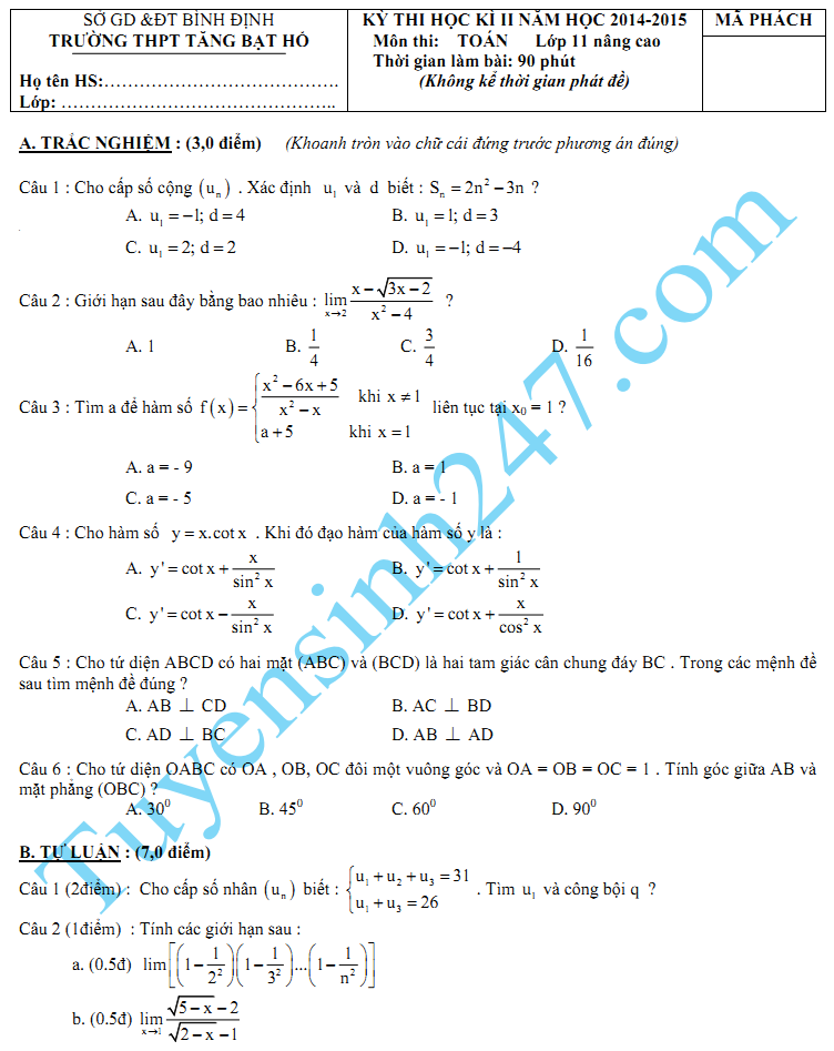 Đề thi học kì 2 lớp 11 năm 2015 môn Toán - THPT Tăng Bạt Hổ