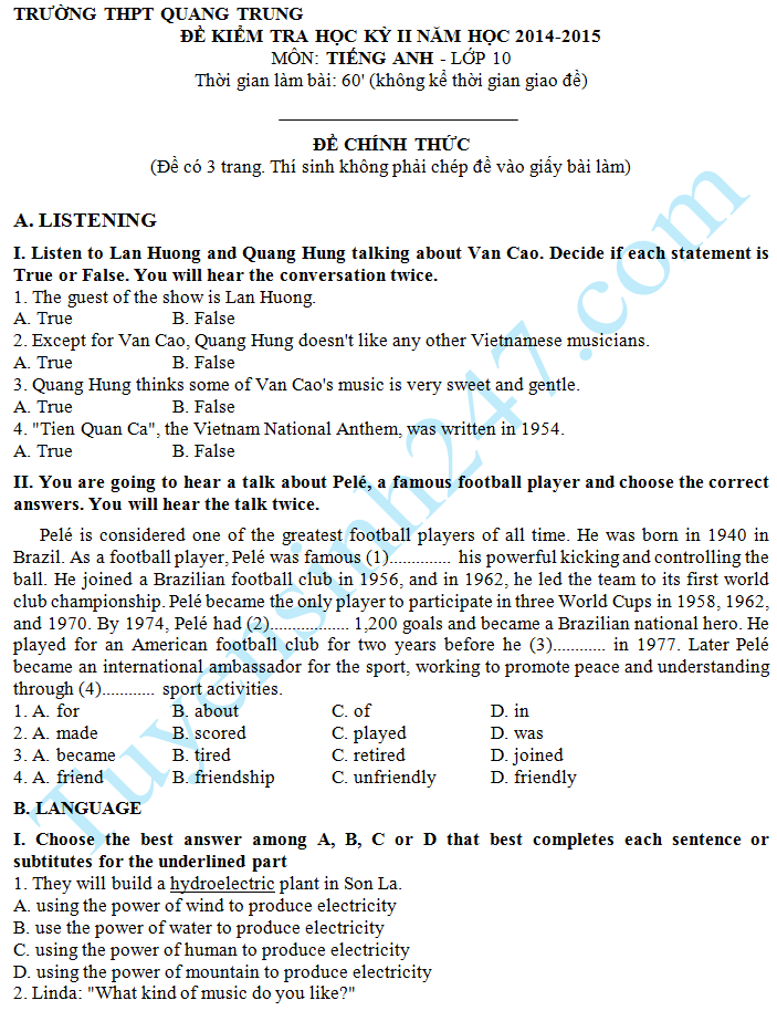 Đề thi học kì 2 lớp 10 năm 2015 môn Tiếng Anh - THPT Quang Trung