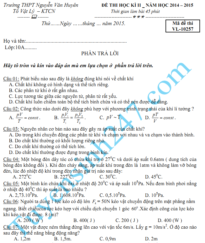 Đề thi học kì 2 lớp 10 2015 môn Lý - THPT Nguyễn Văn Huyên