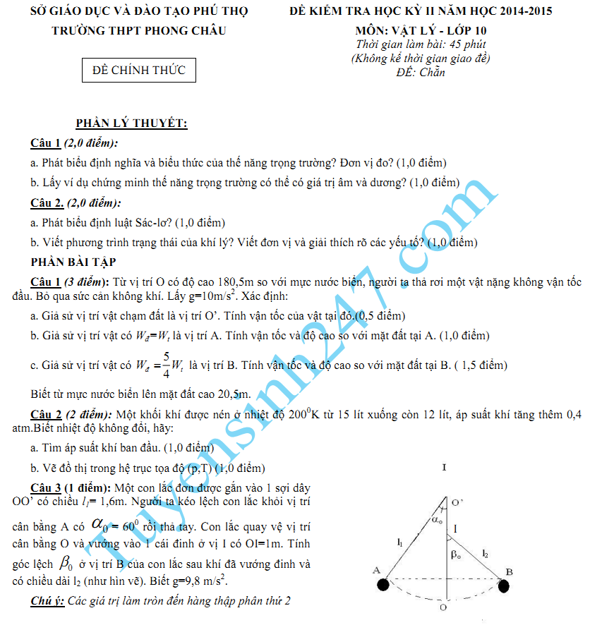 Đề thi học kì 2 lớp 10 môn Lý năm 2015 - THPT Phong Châu