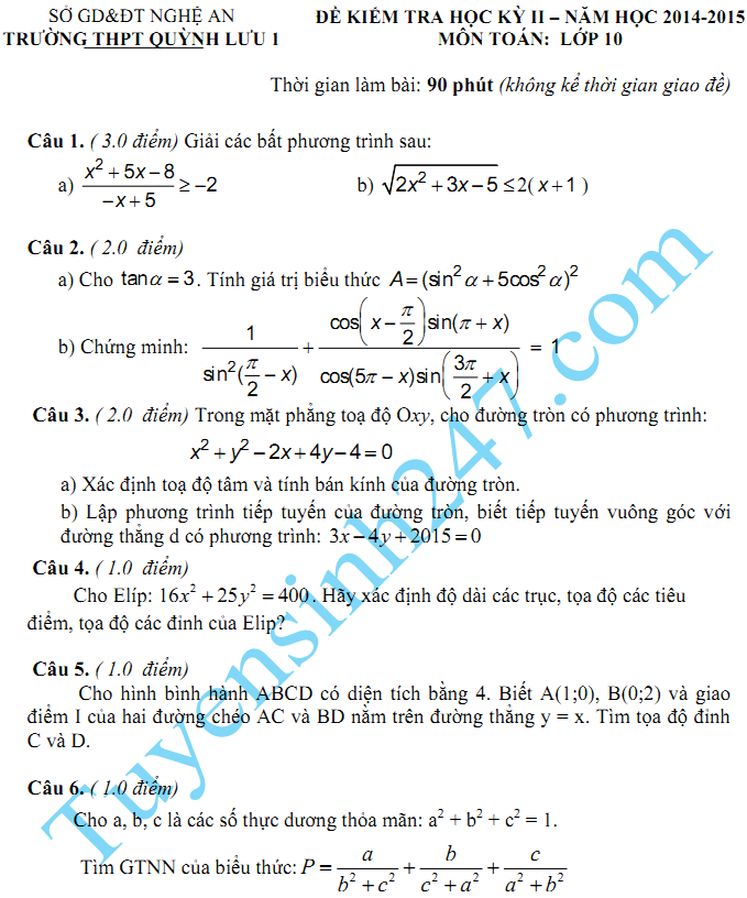 Đề thi học kì 2 lớp 10 môn Toán năm 2015 - THPT Quỳnh Lưu