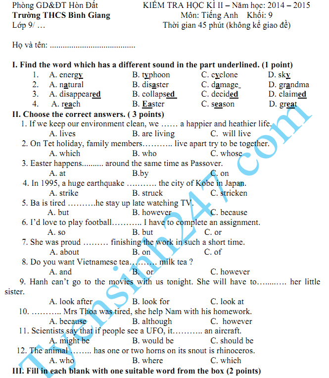 Đề thi học kì 2 lớp 9 năm 2015 môn Anh - THCS Bình Giang