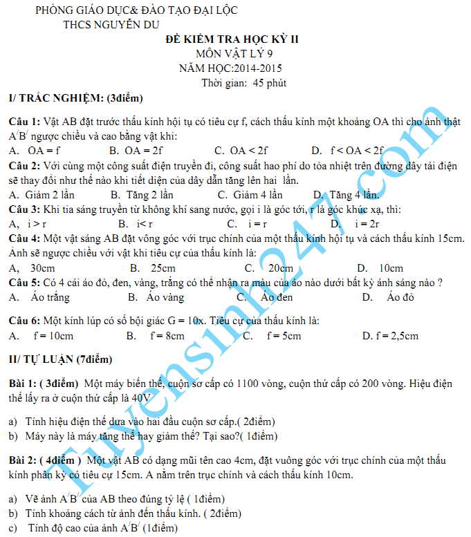 Đề thi học kì 2 lớp 9 2015 môn Lý - THCS Nguyễn Du