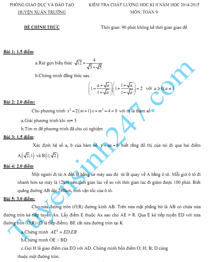 Đề thi học kì 2 lớp 9 2015 môn Toán - Xuân Trường