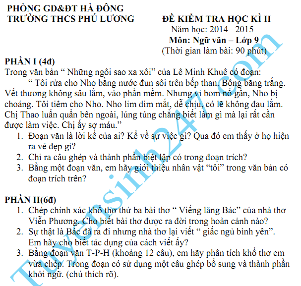 Đề thi học kì 2 lớp 9 năm học 2015 môn Văn - THCS Phú Lương