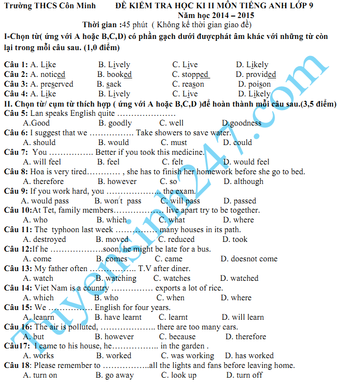 Đề thi học kì 2 lớp 9 năm 2015 môn Tiếng Anh - THCS Côn Minh