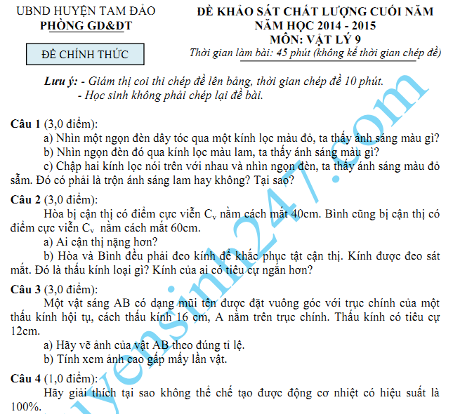 Đề thi học kì 2 lớp 9 năm 2015 môn Lý - Tam Đảo