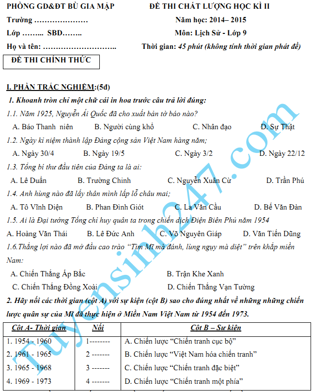 Đề thi học kì 2 lớp 9 năm 2015 môn Sử - Bù Gia Mập