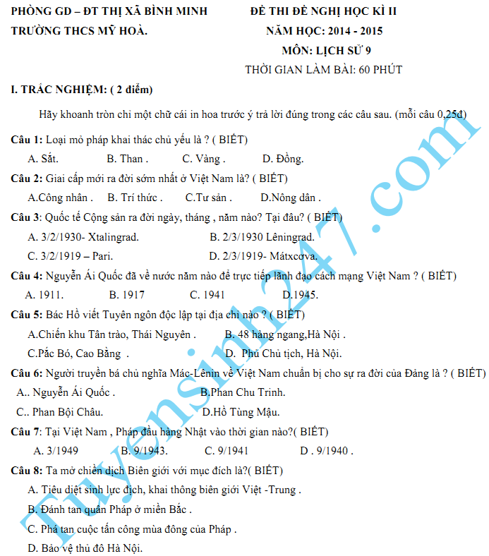 Đề thi học kì 2 lớp 9 môn Sử năm 2015 - THCS Mỹ Hòa