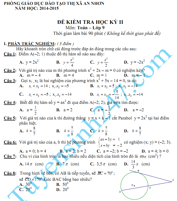 Đề thi học kì 2 lớp 9 môn Toán năm 2015 - Anh Nhơn