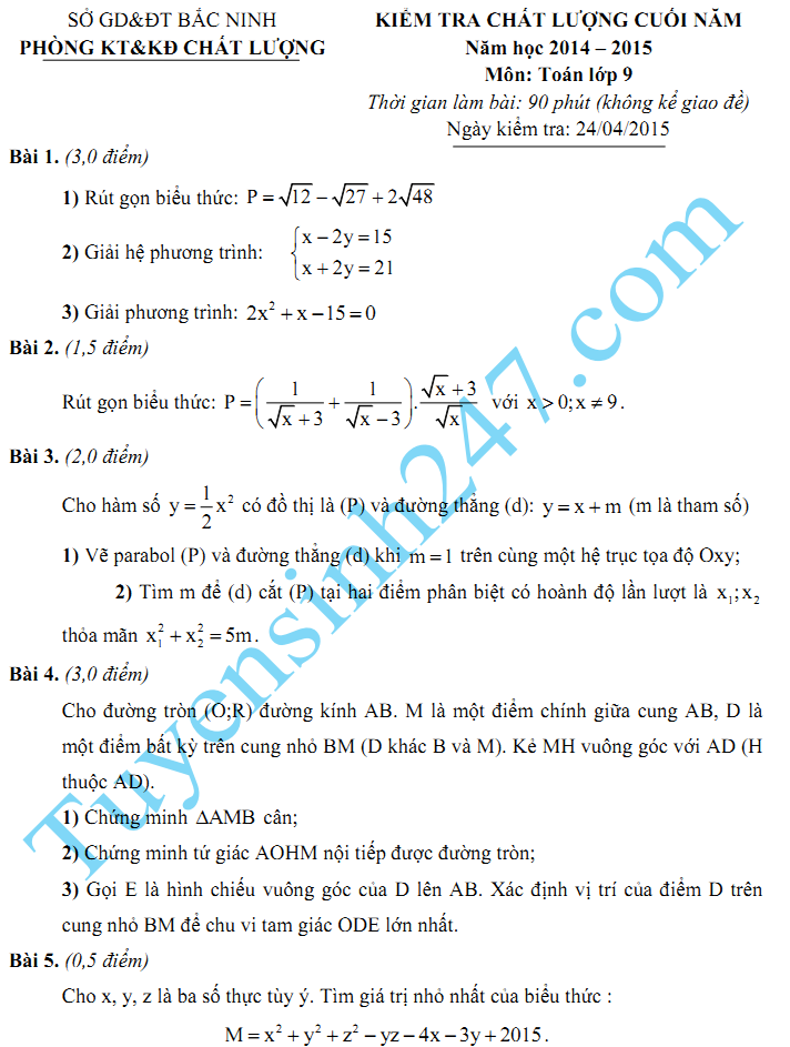 Đề thi học kì 2 lớp 9 2015 môn Toán - Sở GD Bắc Ninh