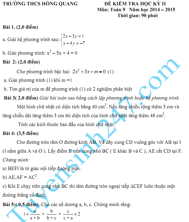 Đề thi học kì 2 lớp 9 2015 môn Toán - THCS Hồng Quang