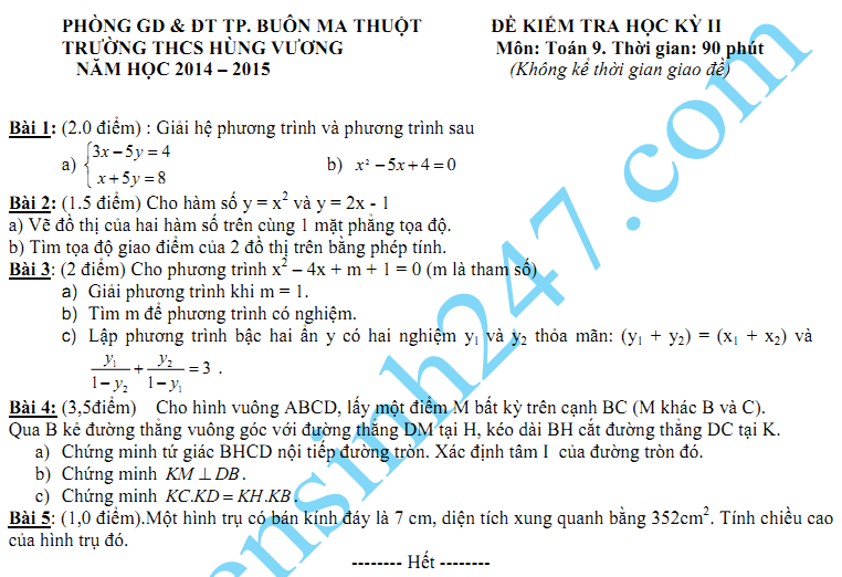 Đề thi học kì 2 lớp 9 môn Toán năm 2015- THCS Hùng Vương