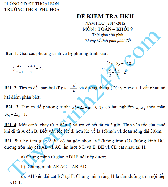 Đề thi học kì 2 lớp 9 môn Toán năm 2015- THCS Phú Hòa