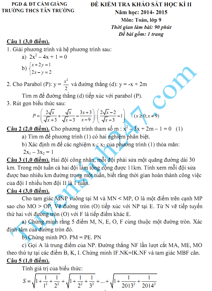 Đề thi học kì 2 lớp 9 năm 2015 môn Toán - THCS Tân Trường