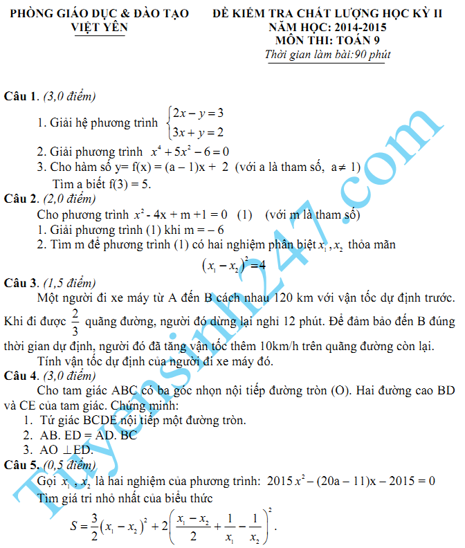 Đề thi học kì 2 lớp 9 năm 2015 môn Toán - Việt Yên