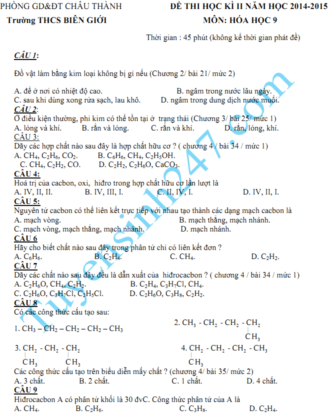 Đề thi học kì 2 lớp 9 năm 2015 môn Hóa - THCS Biên Giới