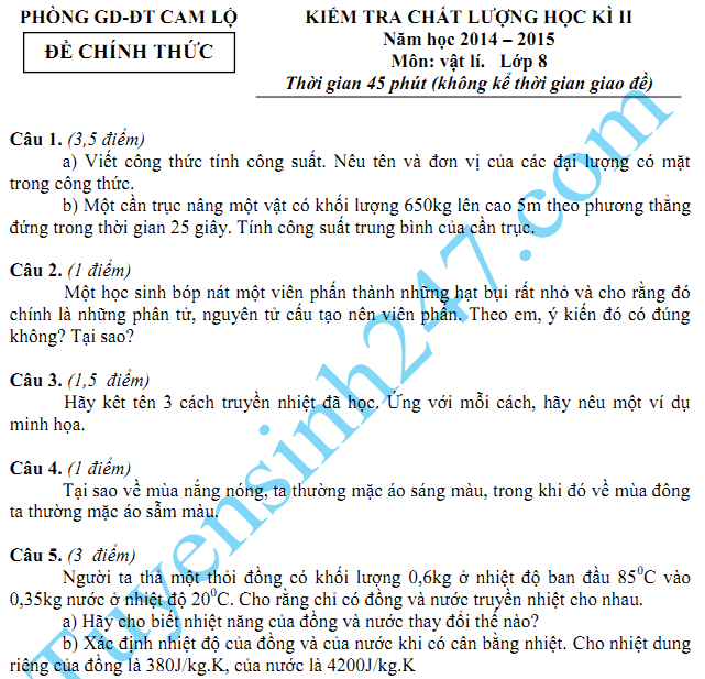 Đề thi học kì 2 lớp 8 năm 2015 môn Lý - Cam Lộ