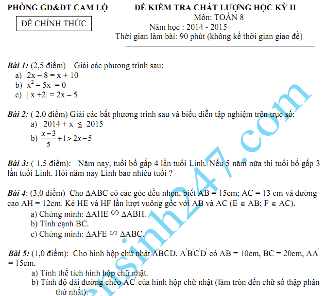 Đề thi học kì 2 lớp 8 năm 2015 môn Toán - Cam Lộ