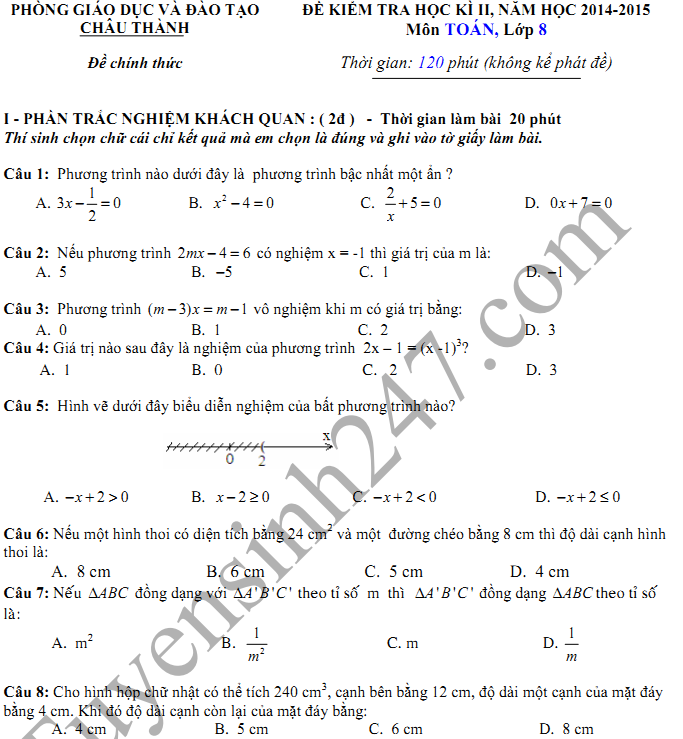 Đề thi học kì 2 lớp  8 môn Toán năm 2015 - Châu Thành
