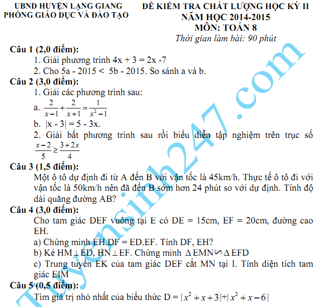 Đề thi học kì 2 lớp 8 năm 2015 môn Toán - Lạng Giang 