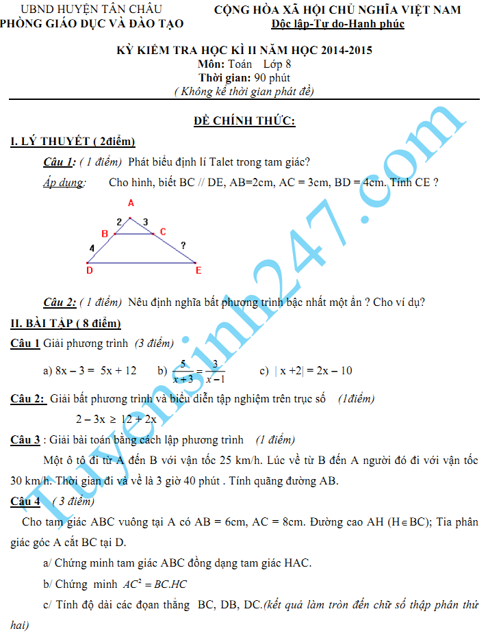 Đề thi học kì 2 lớp 8 2015 môn Toán - Tân Châu