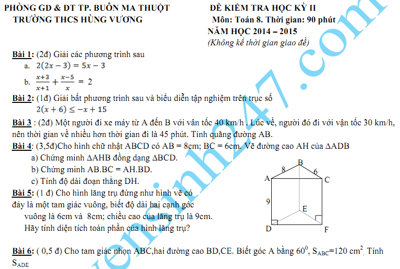 Đề thi học kì 2 lớp  8 môn Toán năm 2015 - THCS Hùng Vương