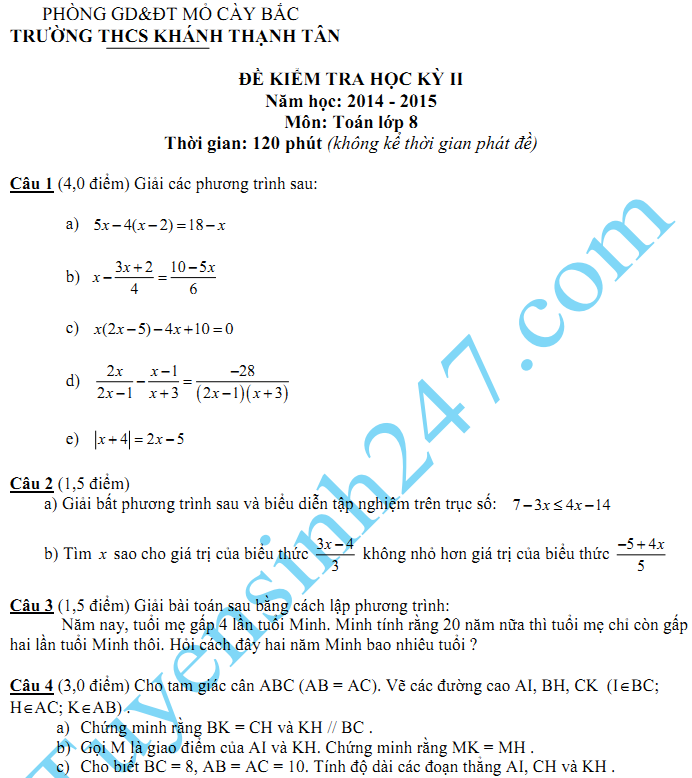 Đề thi học kì 2 lớp 8 năm 2015 môn Toán - THCS Khánh Thạnh Tân