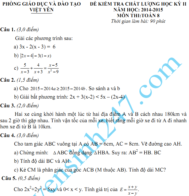 Đề thi học kì 2 lớp  8 môn Toán năm 2015 - Việt Yên