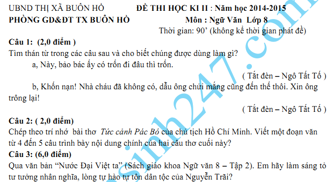 Đề thi học kì 2 lớp  8 môn Văn năm 2015 - Buôn Hồ