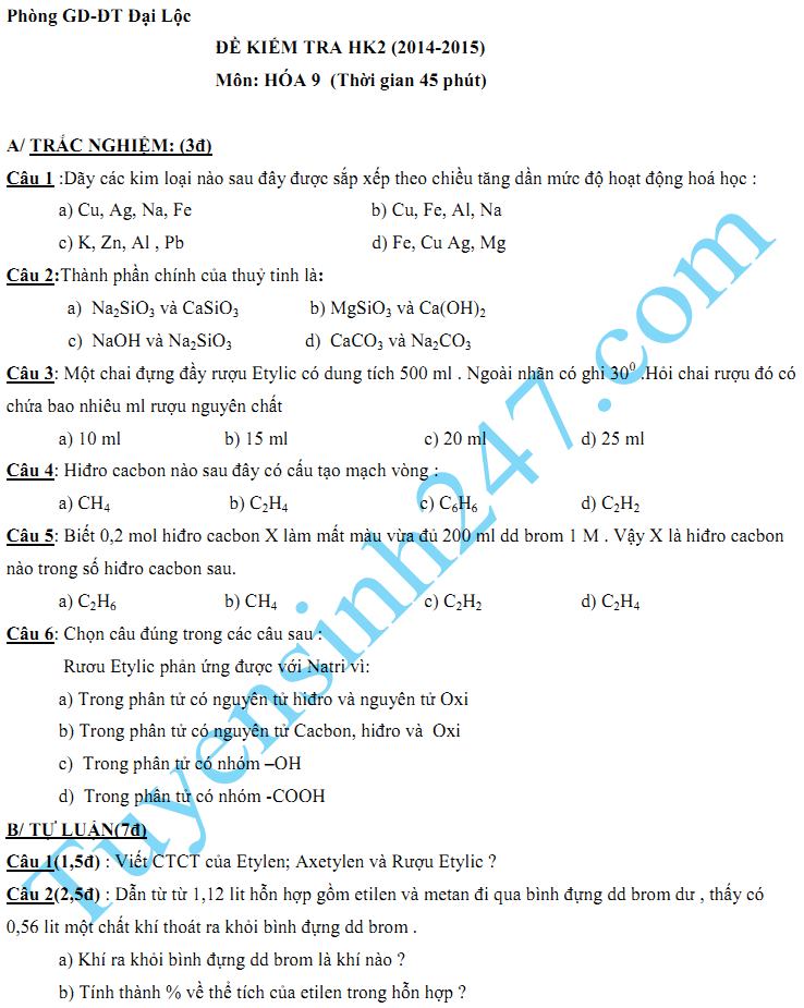 Đề thi học kì 2 lớp 9 môn Hóa năm 2015 - Đại Lộc