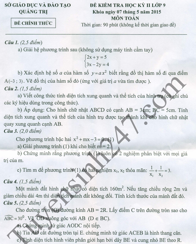 Đề thi học kì 2 lớp 9 2015 môn Toán - Quảng Trị