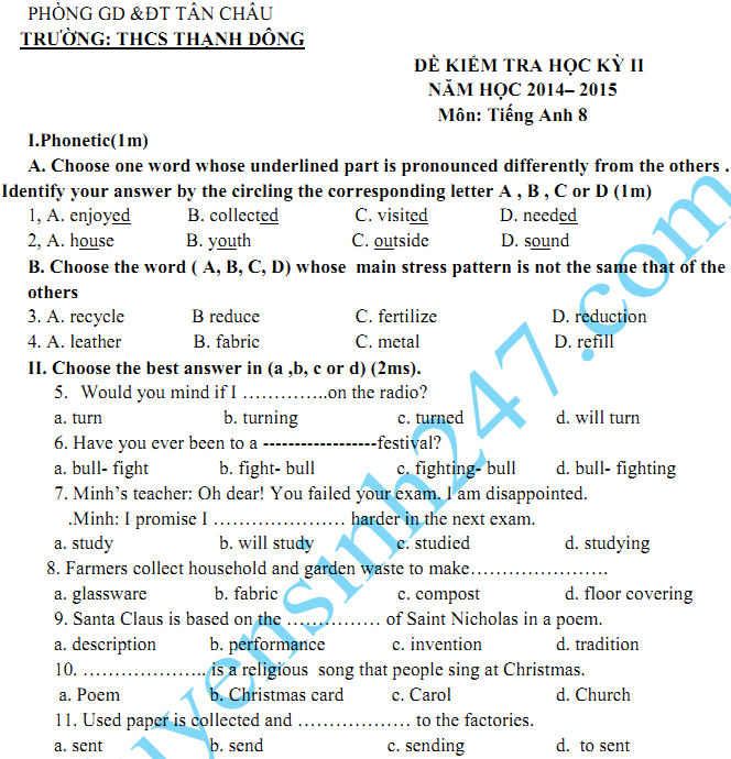 Đề thi học kì 2 lớp 8 năm 2015 môn Tiếng Anh - Tân Châu