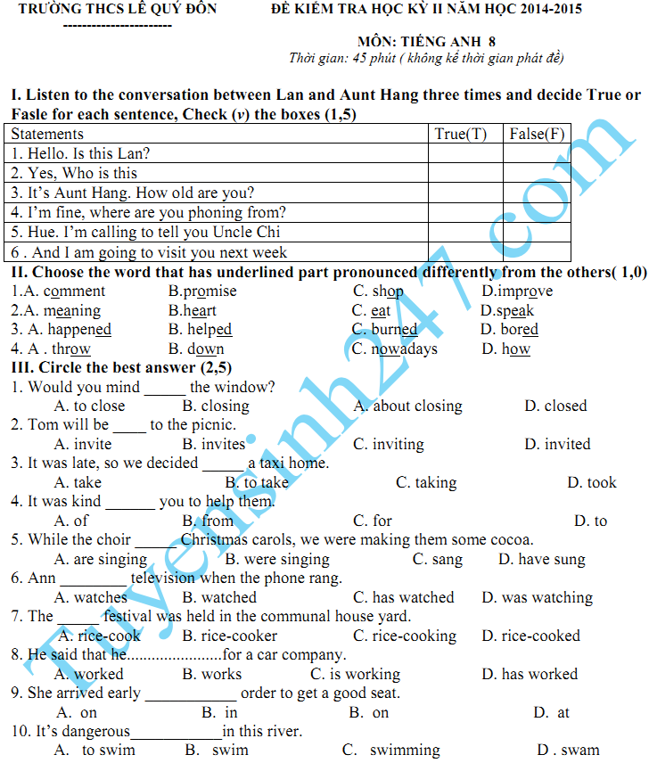 Đề thi học kì 2 lớp 8 môn Tiếng Anh năm 2015 - THCS Lê Quý Đôn