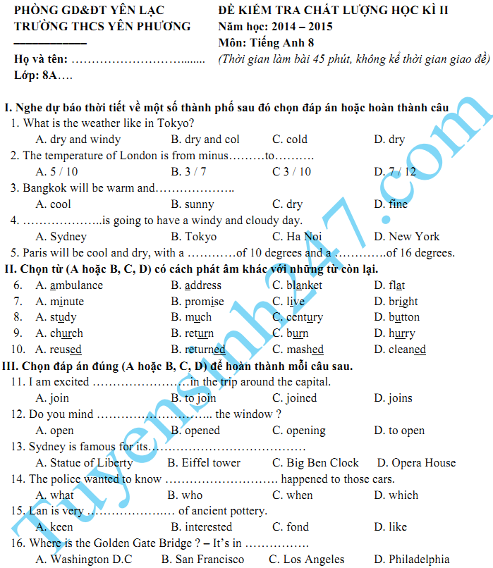 Đề thi học kì 2 lớp 8 năm 2015 môn Tiếng Anh - THCS Yên Phương