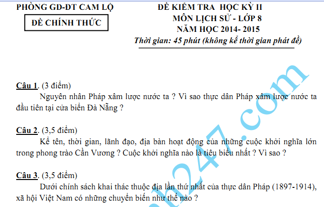 Đề thi học kì 2 lớp 8 năm 2015 môn Sử - Cam Lộ