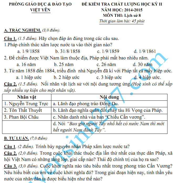 Đề thi học kì 2 lớp  8 2015 môn Sử - Việt Yên