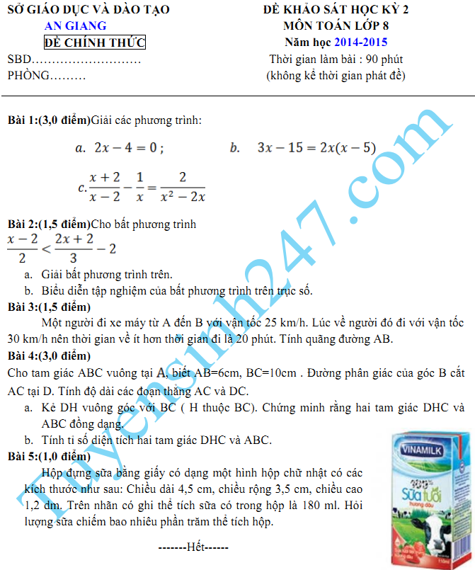 Đề thi học kì 2 lớp  8 môn Toán năm 2015 - Sở GD An Giang